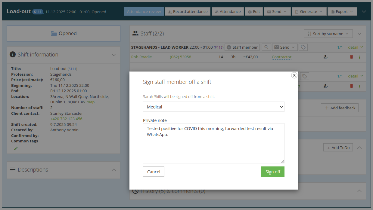 Sign staff member off a shift