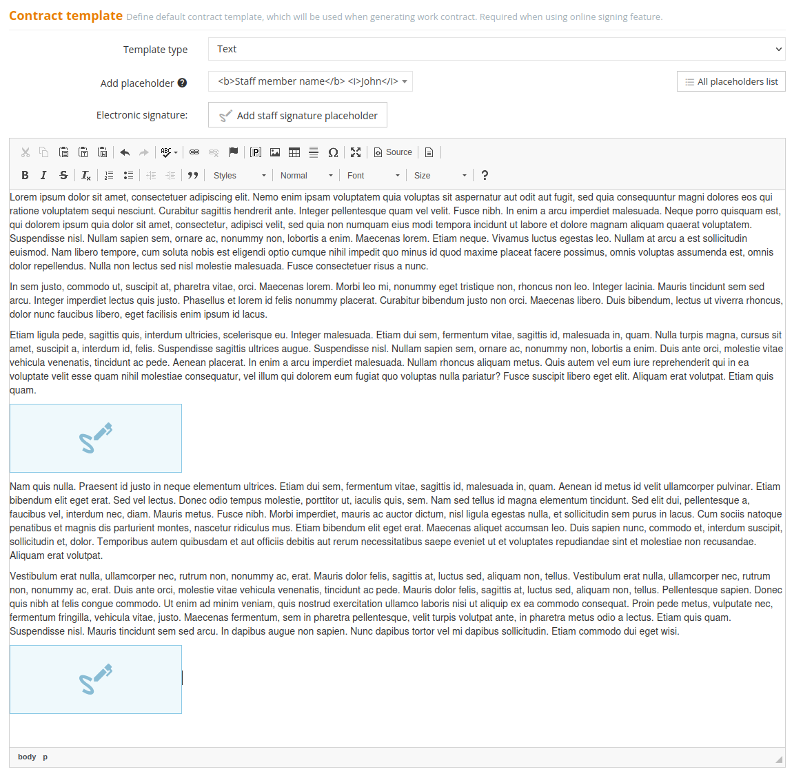 Contract type template with e-signature