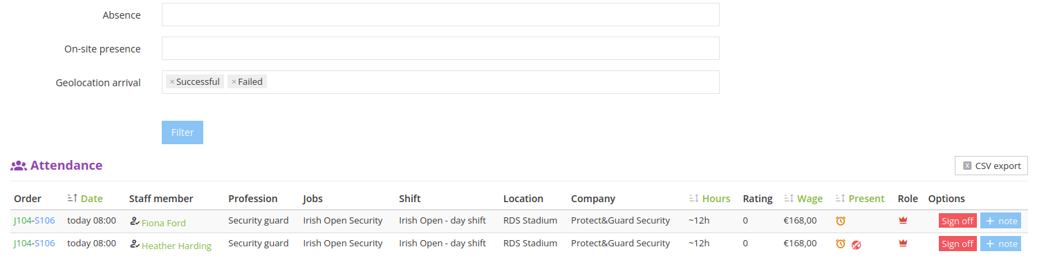 Staff clock-in with geolocation filtering
