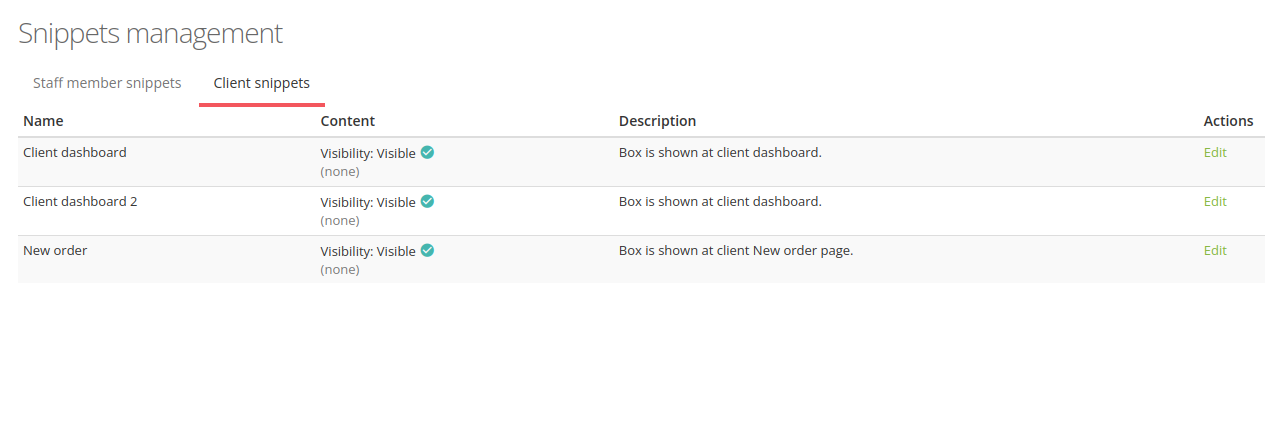 Client snippets settings