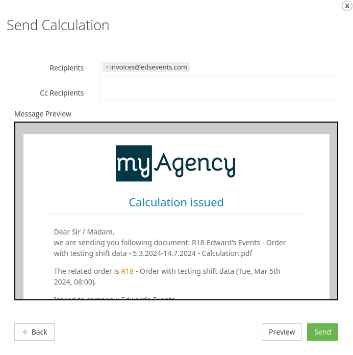 Send Calculation dialog