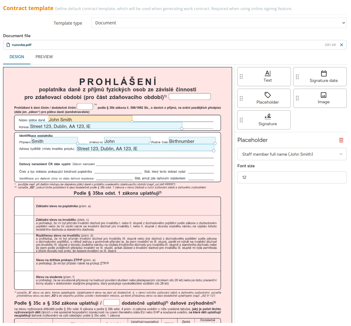 PDF contract template setting