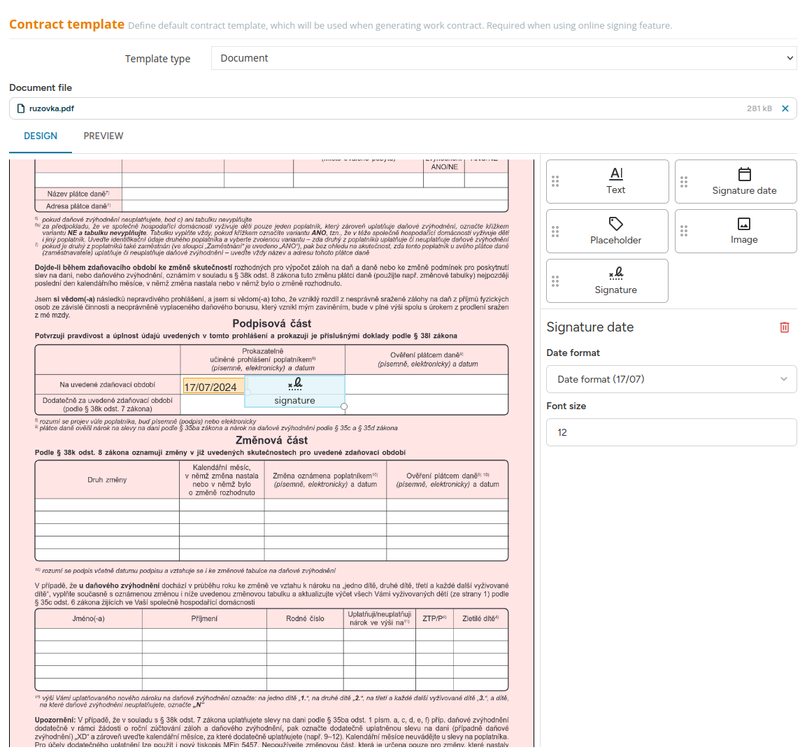 PDF contract template setting