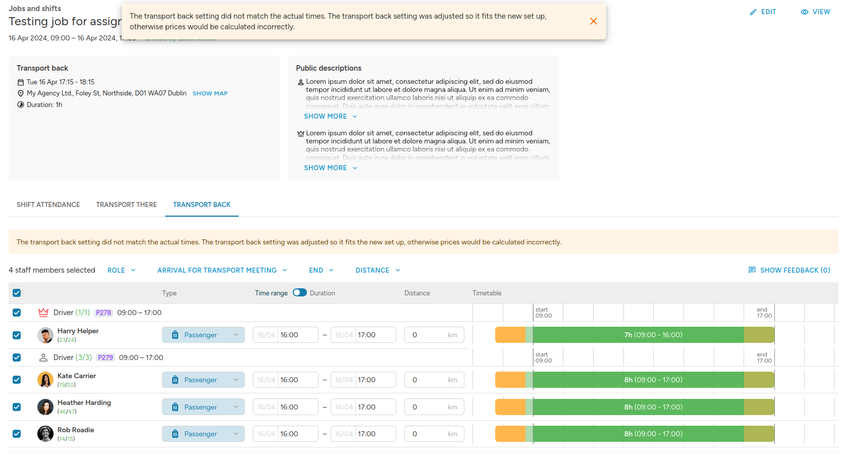 Closing form with notice about transport time adjustment