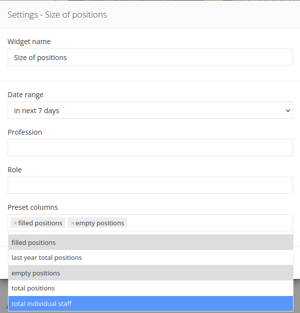 Size of positions widget settings