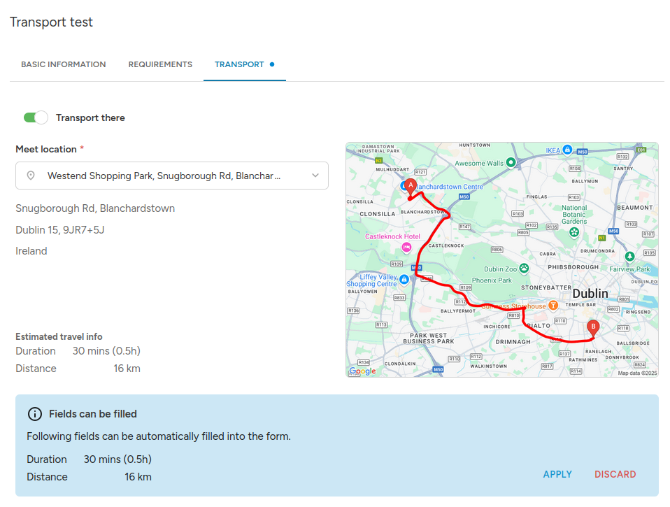 Transport planning in Job form