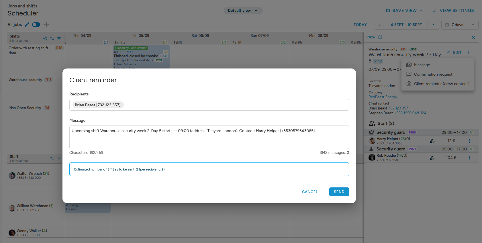 Client reminder send form
