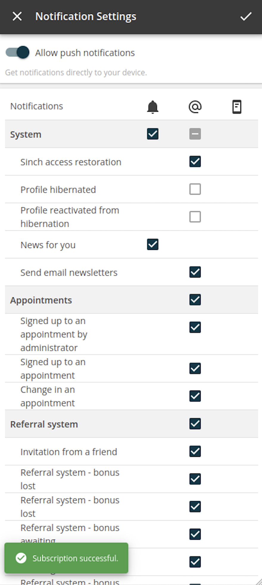 Push notification subscription in settings