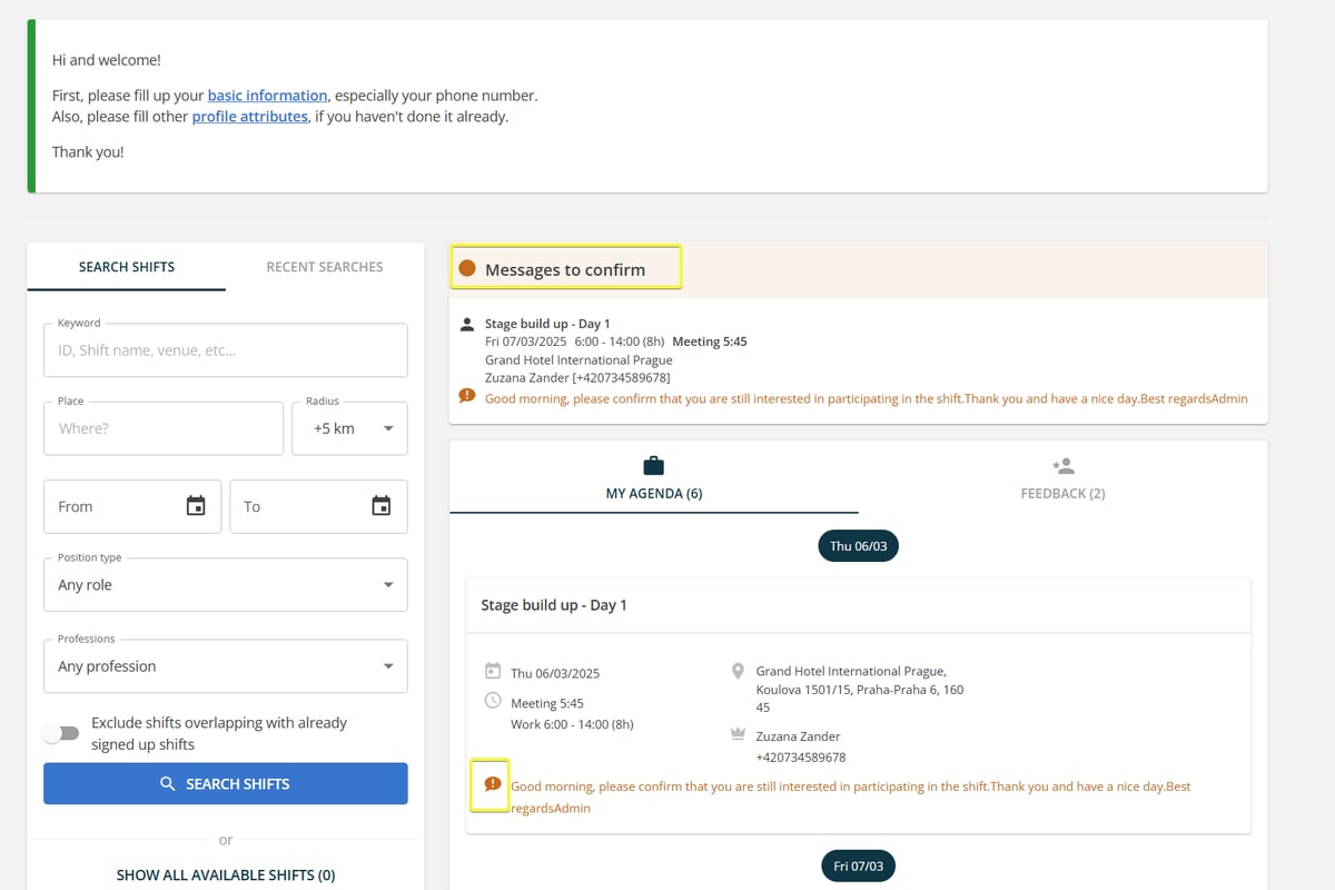 Info about message to confirm in the Staff portal