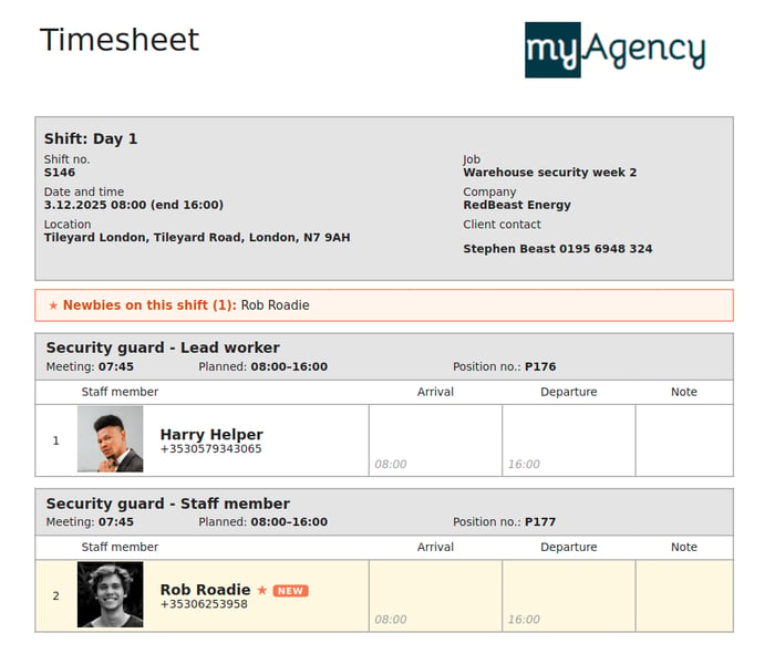 Timesheet with custom newbie badge